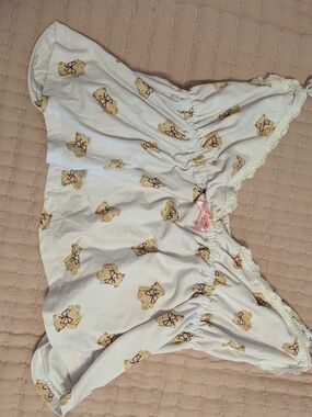 White Teddy Bear Print Lace-Trim Sleep Set